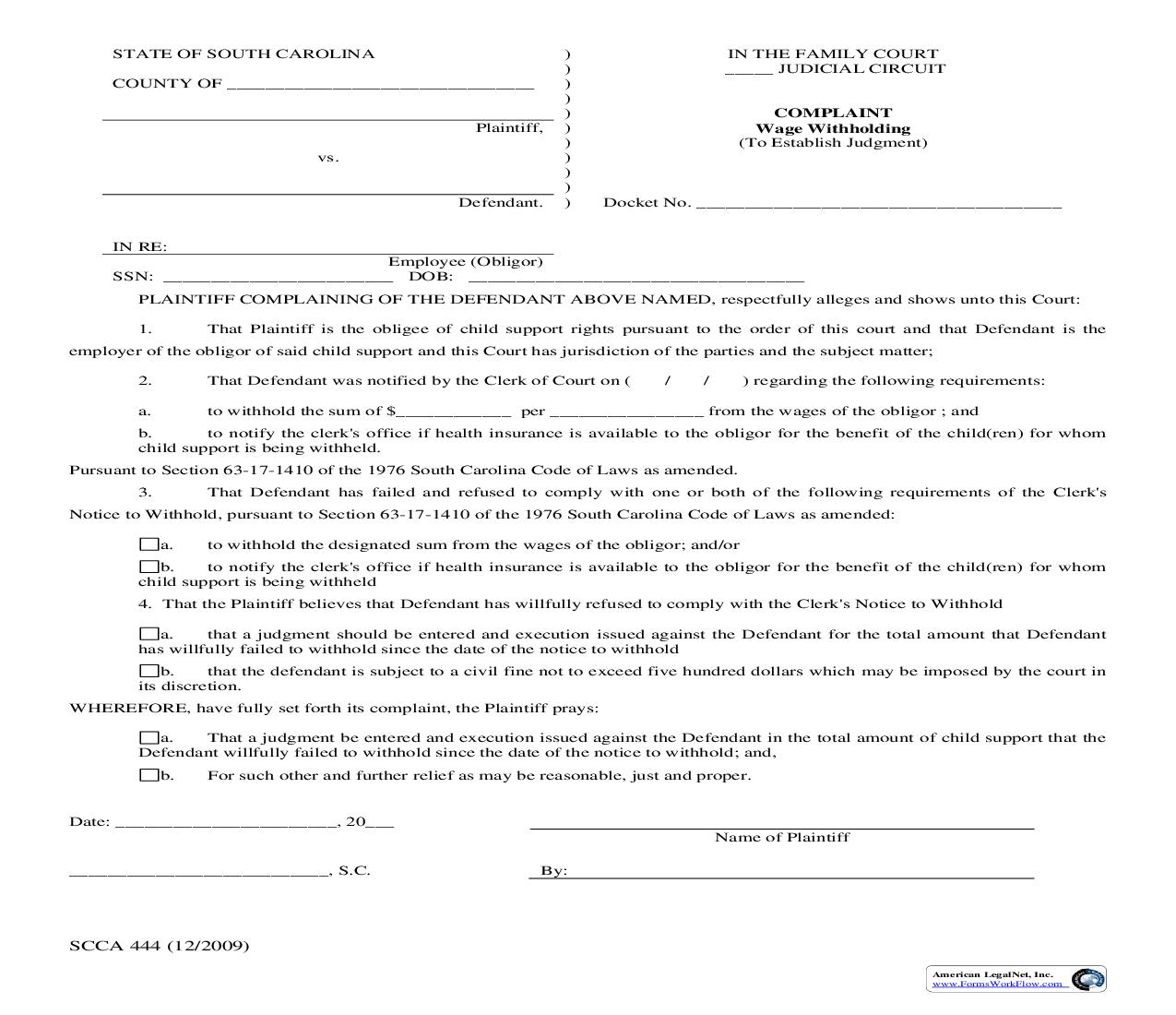 Complaint - Wage Withholding (To Establish Judgment) {SCCA-444} | Pdf Fpdf Doc Docx | South Carolina