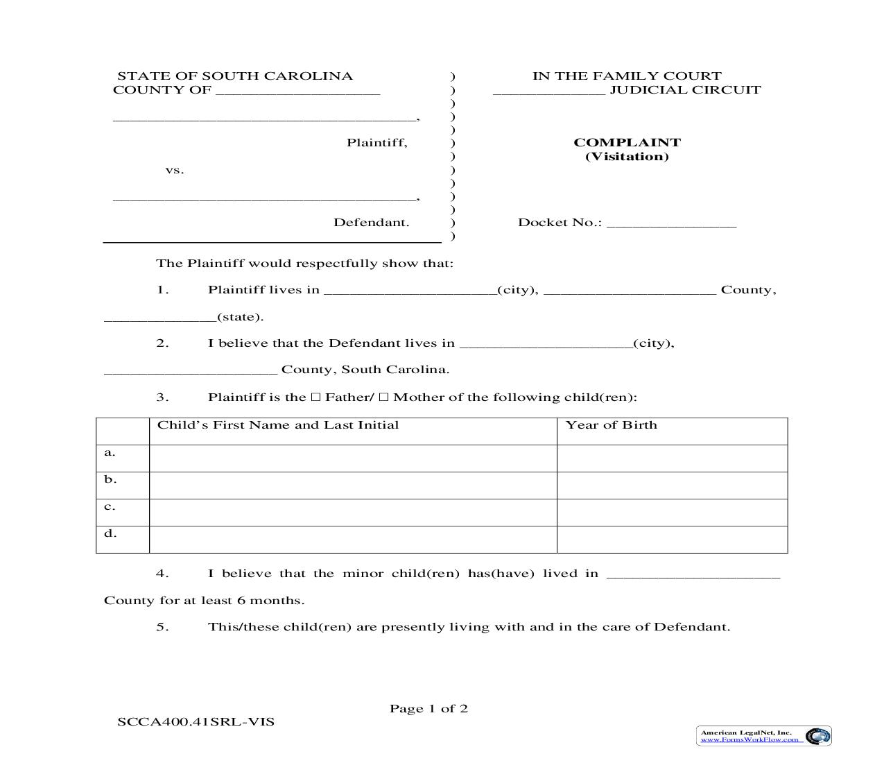 Complaint For Visitation {SCCA400.41SRL-VIS} | Pdf Fpdf Doc Docx | South Carolina