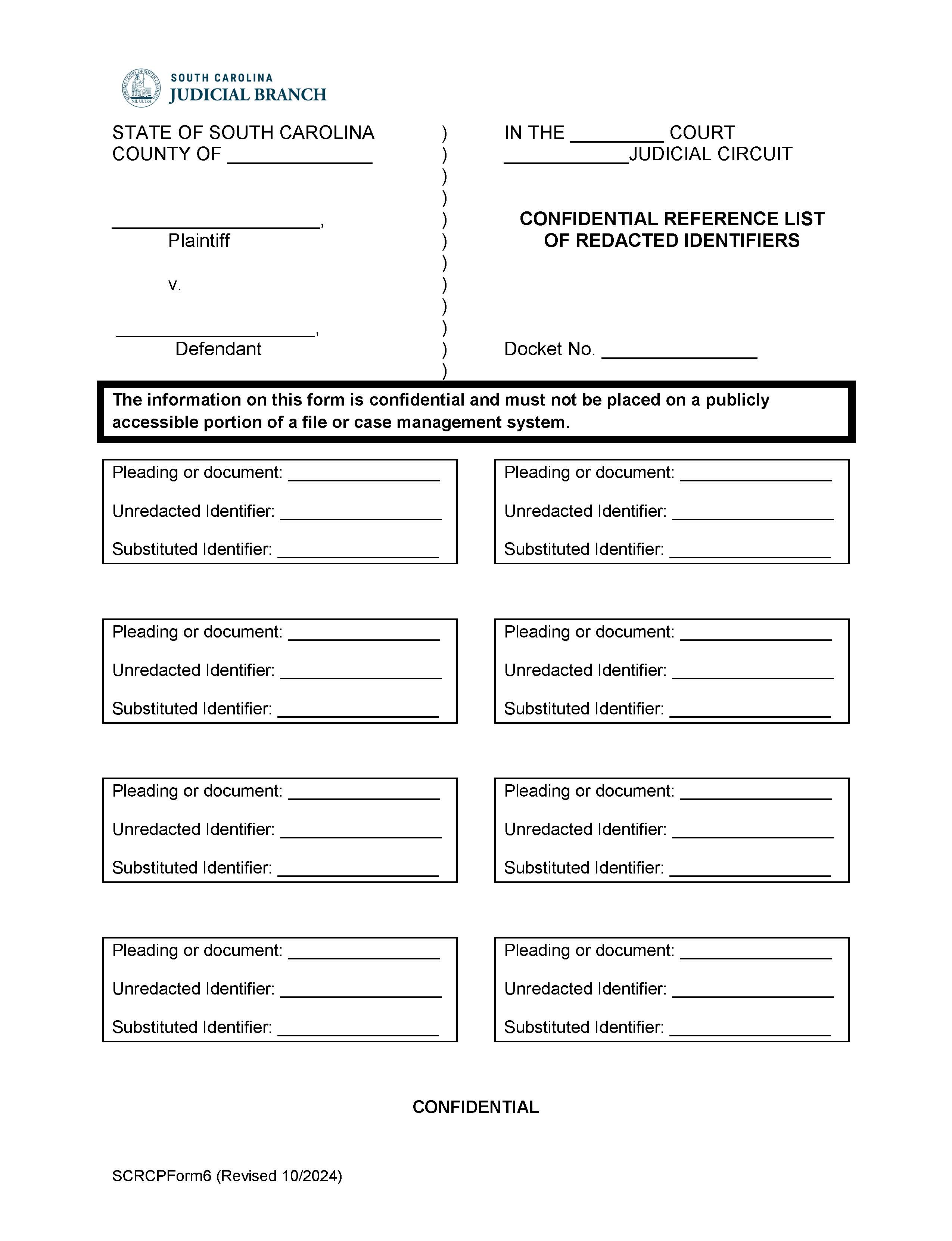 Confidential Reference List of Redacted Identifiers (Family Court) {SCRCPForm6} | Pdf Fpdf Doc Docx | South Carolina