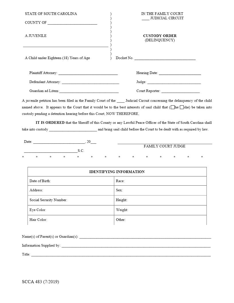 Custody Order (Delinquency) {SCCA-483} | Pdf Fpdf Doc Docx | South Carolina
