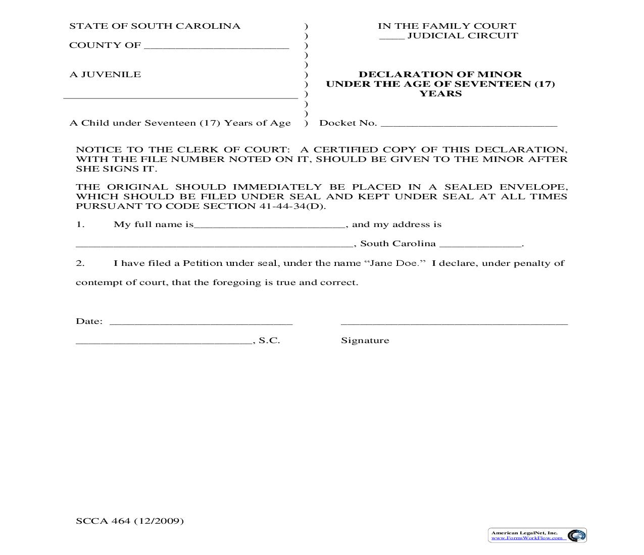 Declaration Of Minor Under Age Of 17 Years {SCCA-464} | Pdf Fpdf Doc Docx | South Carolina