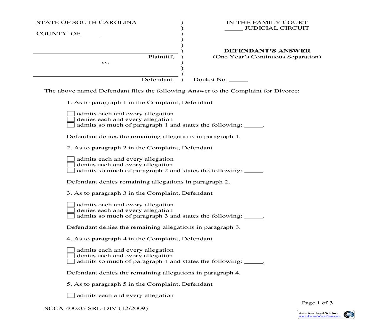 Defendants Answer (One Years Continuous Separation) {SCCA 400.05SRL-DIV} | Pdf Fpdf Doc Docx | South Carolina