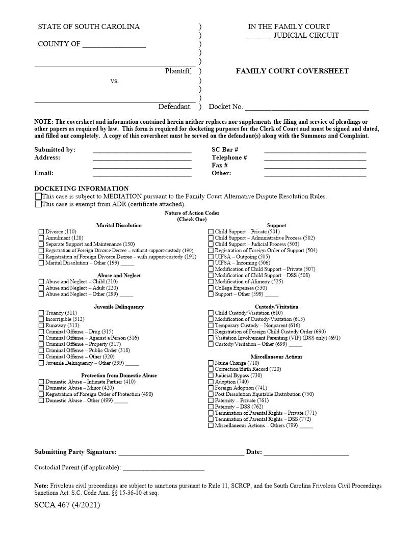 Family Court Coversheet {SCCA-467} | Pdf Fpdf Doc Docx | South Carolina