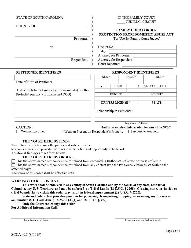 Family Court Order - Protection From Domestic Abuse Act {SCCA-426} | Pdf Fpdf Doc Docx | South Carolina
