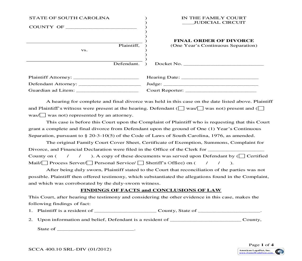 Final Order Of Divorce (One Years Continuous Separation) {SCCA 400.10SRL-DIV} | Pdf Fpdf Doc Docx | South Carolina