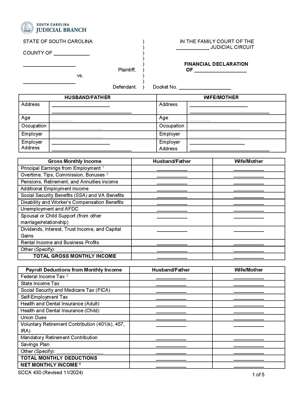 Financial Declaration {SCCA430} | Pdf Fpdf Doc Docx | South Carolina