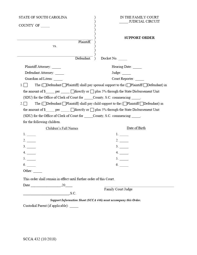 Interim Child Support Order {SCCA-432} | Pdf Fpdf Doc Docx | South Carolina