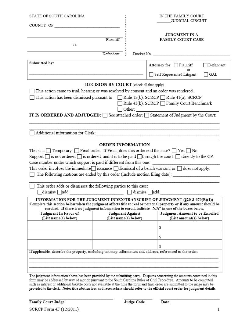 Judgment In A Family Court Case {SCRCPFORM4F} | Pdf Fpdf Docx | South Carolina