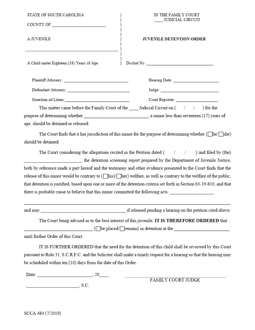 Juvenile Detention Order {SCCA-484} | Pdf Fpdf Doc Docx | South Carolina
