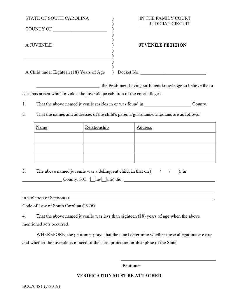 Juvenile Petition {SCCA-481} | Pdf Fpdf Doc Docx | South Carolina