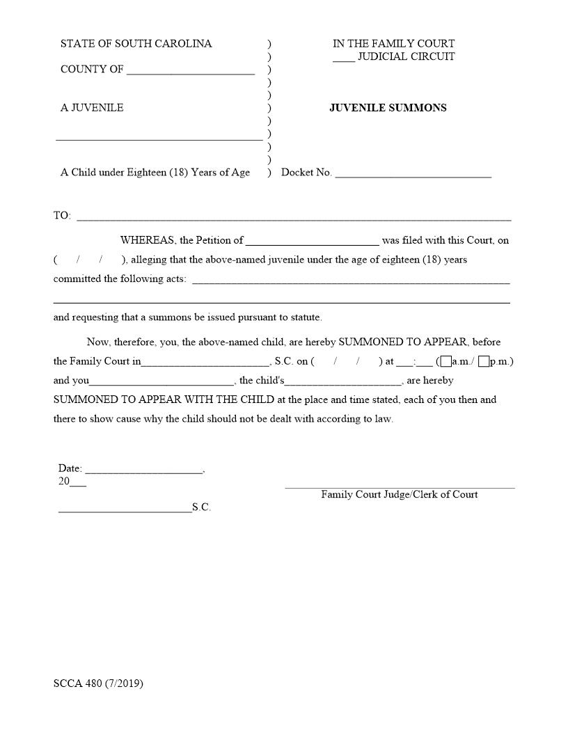 Juvenile Summons {SCCA-480} | Pdf Fpdf Doc Docx | South Carolina