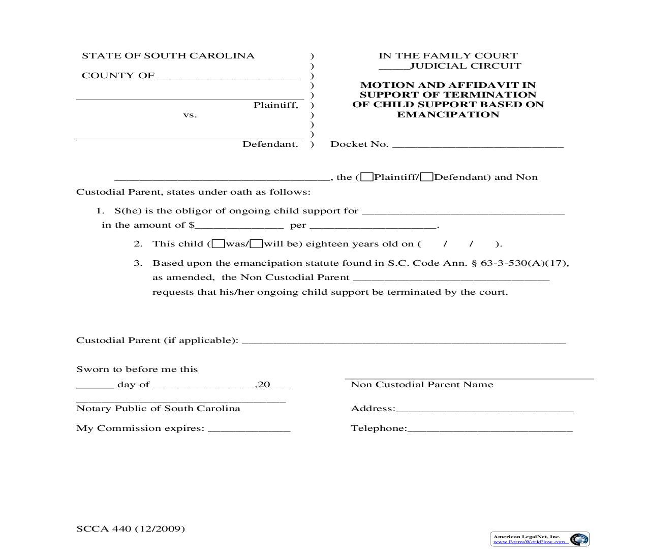 Motion And Affidavit In Support Of Termination Of Child Support Based On Emancipation {SCCA-440} | Pdf Fpdf Doc Docx | South Carolina