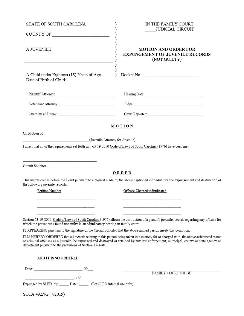 Motion And Order For Expungement Of Juvenile Records (Not Guilty) {SCCA-492NG} | Pdf Fpdf Doc Docx | South Carolina