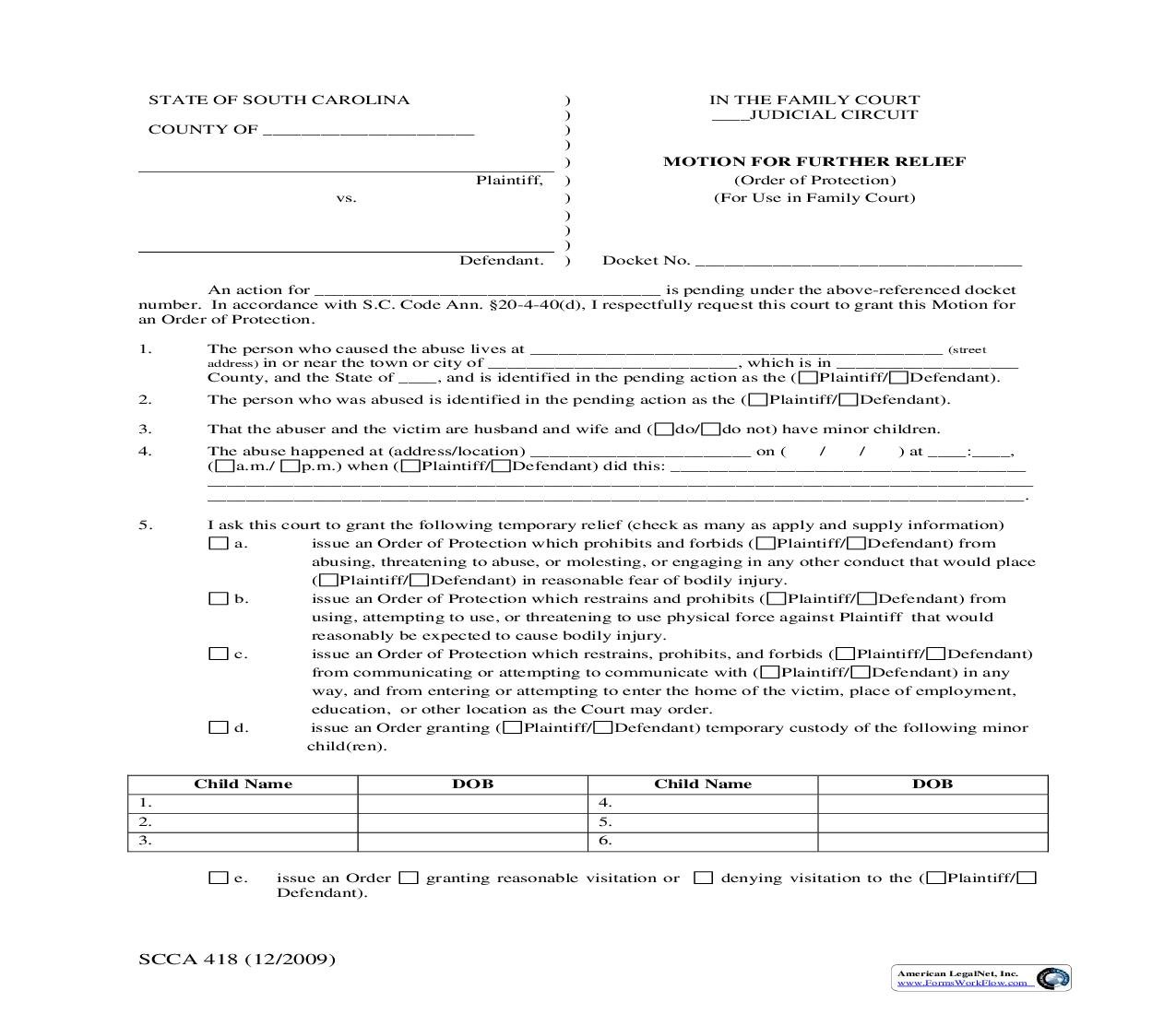 Motion For Further Relief (Order of Protection) {SCCA-418} | Pdf Fpdf Doc Docx | South Carolina