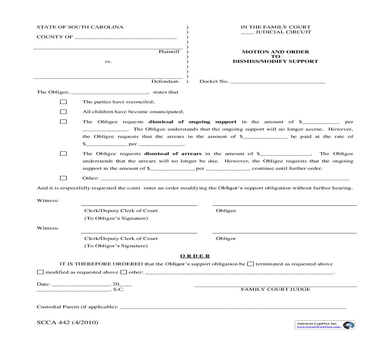 Motion To Dismiss Support Payments {SCCA-442} | Pdf Fpdf Doc Docx | South Carolina