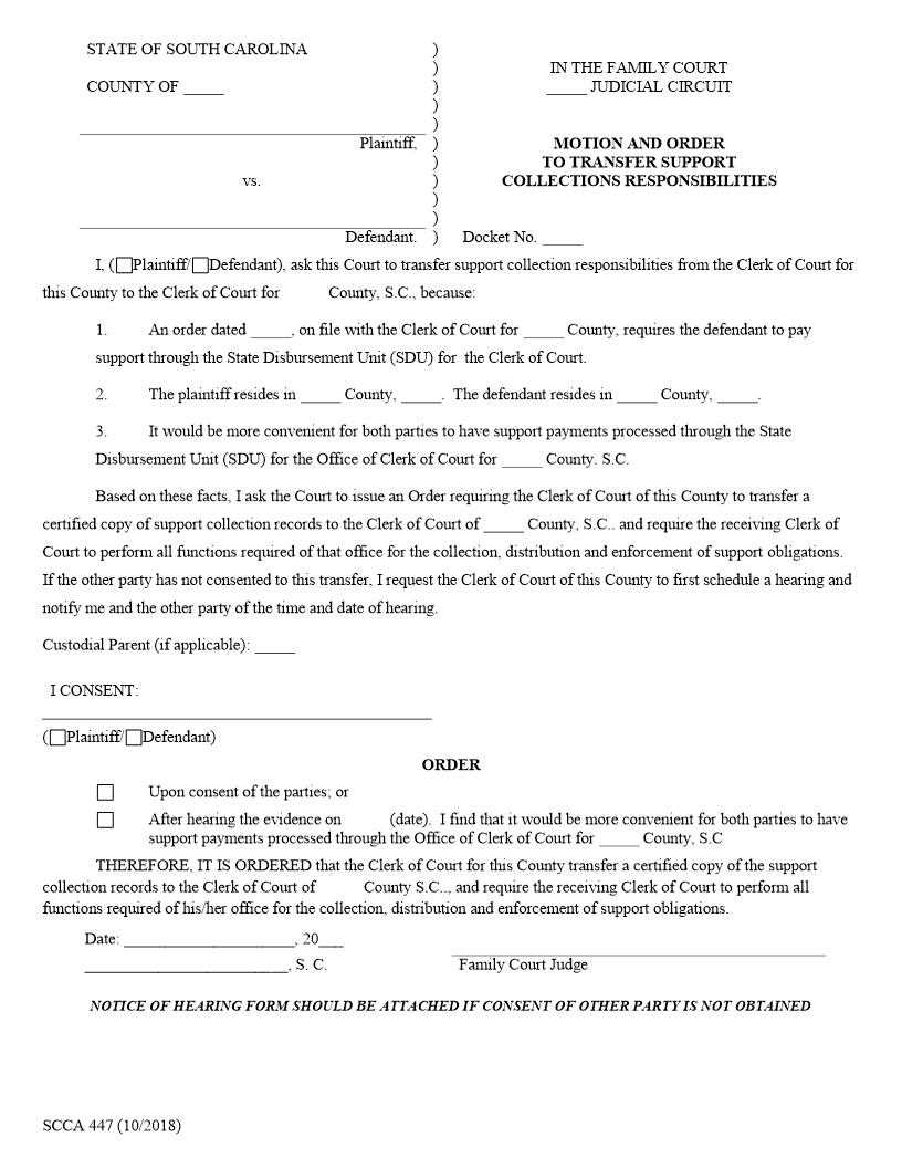 Motion To Transfer Support Collection Responsibilities {SCCA-447} | Pdf Fpdf Doc Docx | South Carolina