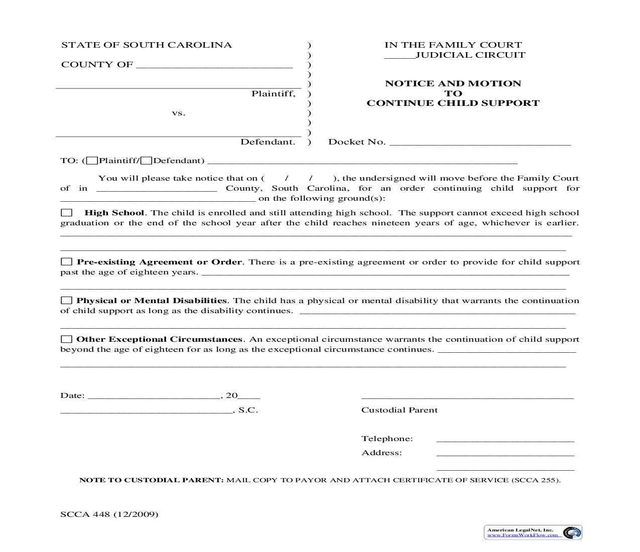 Notice And Motion To Continue Child Support {SCCA-448} | Pdf Fpdf Doc Docx | South Carolina