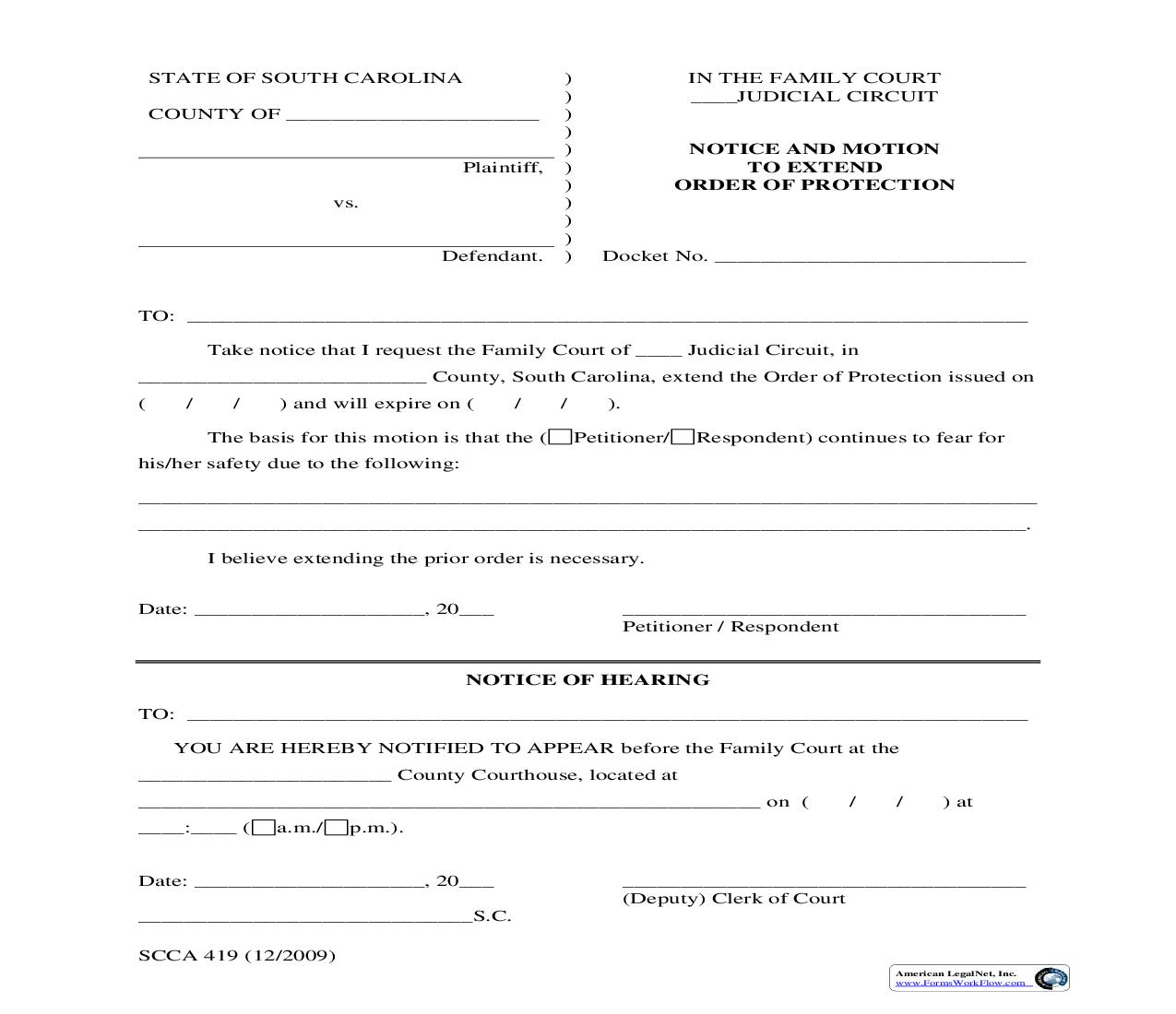 Notice And Motion To Extend Order Of Protection {SCCA-419} | Pdf Fpdf Doc Docx | South Carolina