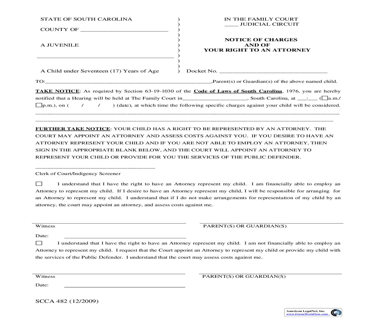 Notice Of Charges And Your Right To Attorney (Regarding Charges Against Child) {SCCA-482} | Pdf Fpdf Doc Docx | South Carolina