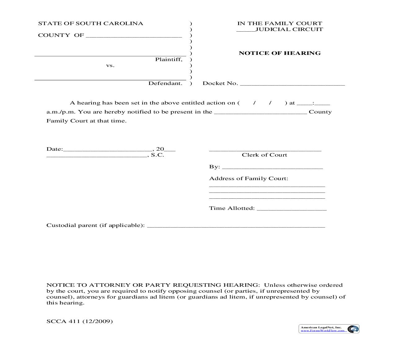 Notice Of Hearing (General) {SCCA-411} | Pdf Fpdf Doc Docx | South Carolina