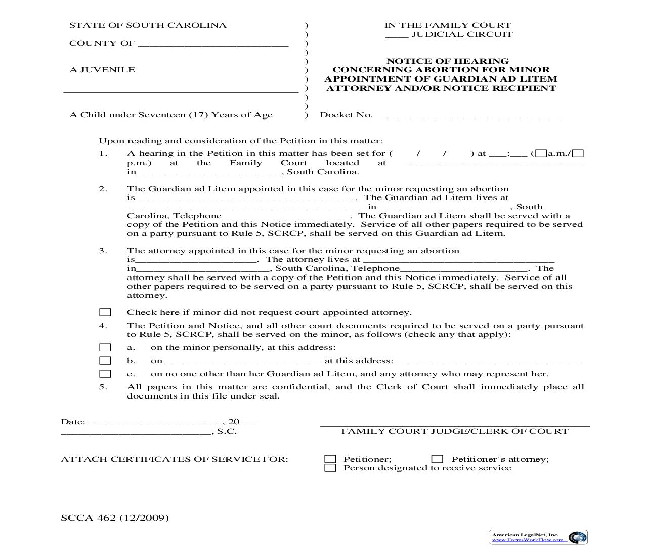 Notice Of Hearing Concerning Abortion For Minor And Appointment Of Guardian Ad Litem-Attorney-Notice Recipient {SCCA-462} | Pdf Fpdf Doc Docx | South Carolina