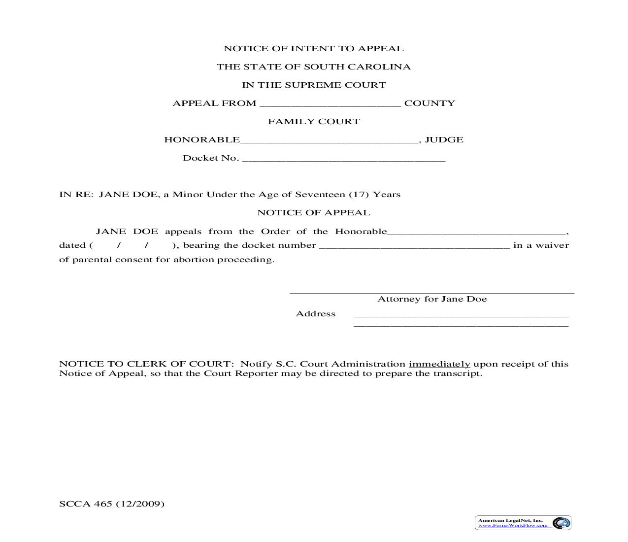 Notice Of Intent To Appeal {SCCA-465} | Pdf Fpdf Doc Docx | South Carolina