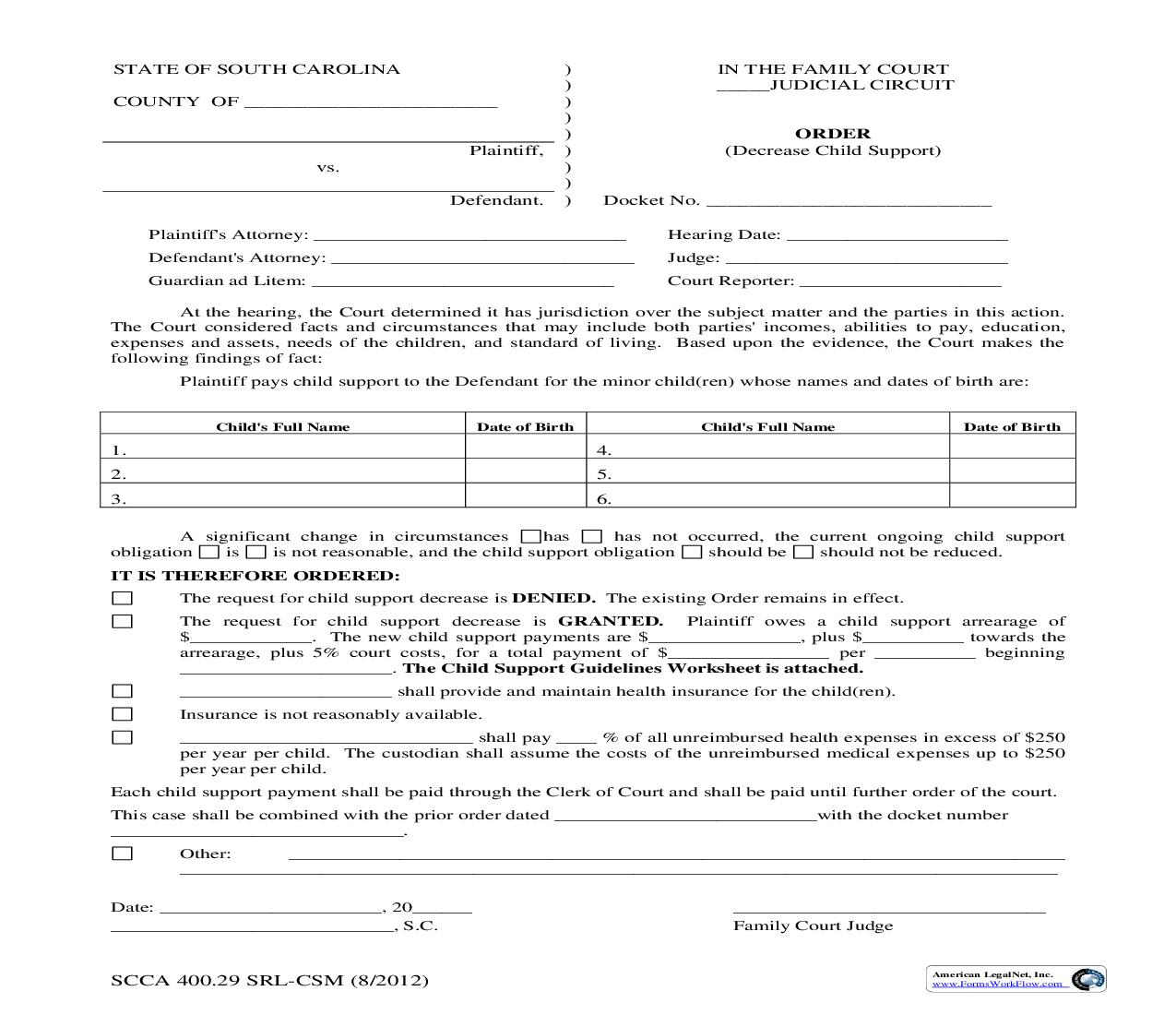 Order (Decrease Child Support) {SCCA400.29SRL-CSM} | Pdf Fpdf Doc Docx | South Carolina