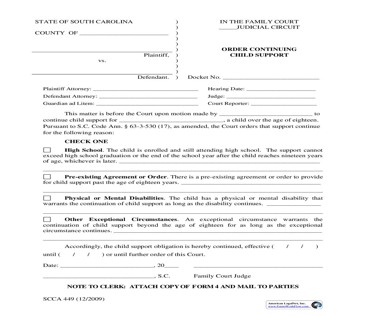 Order Continuing Child Support {SCCA-449} | Pdf Fpdf Doc Docx | South Carolina