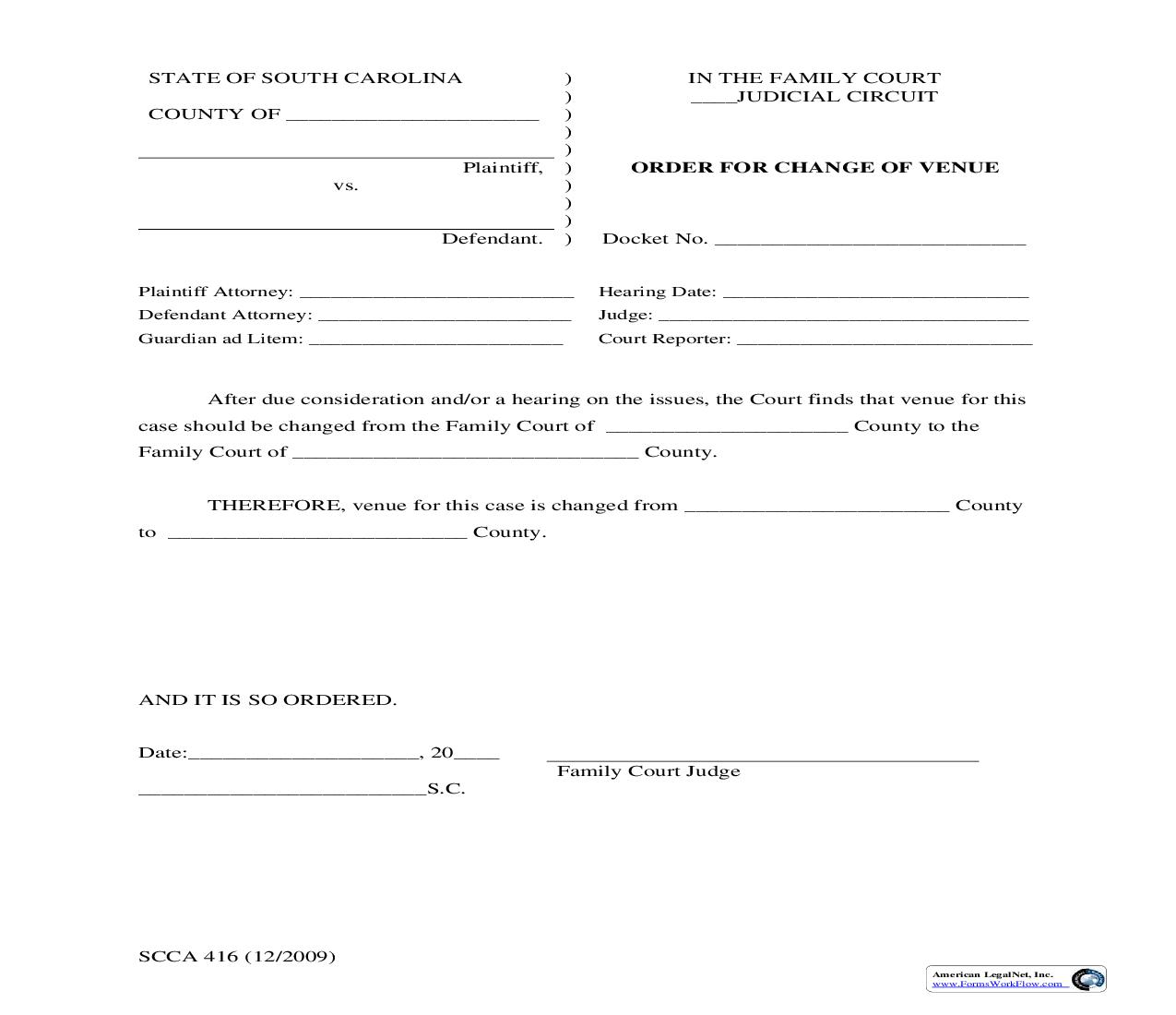 Order For Change Of Venue {SCCA-416} | Pdf Fpdf Doc Docx | South Carolina
