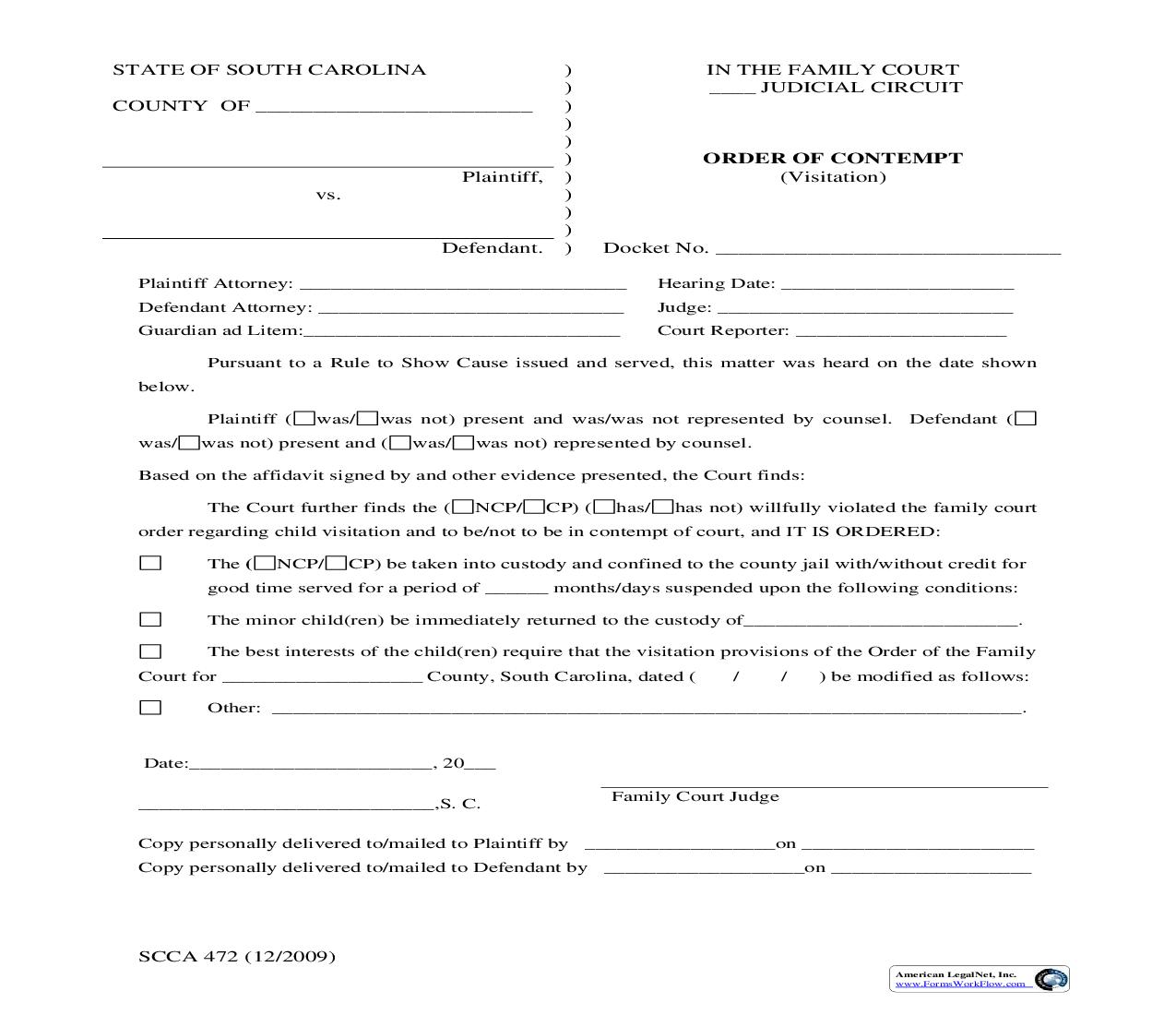 Order Of Contempt (Visitation) {SCCA-472} | Pdf Fpdf Doc Docx | South Carolina