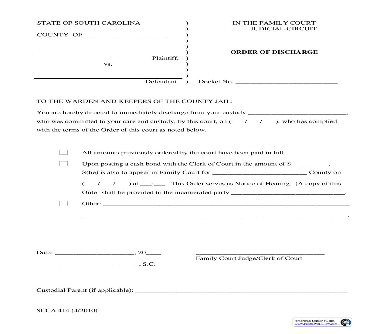 Order Of Discharge (Of Custody) {SCCA-414} | Pdf Fpdf Doc Docx | South Carolina