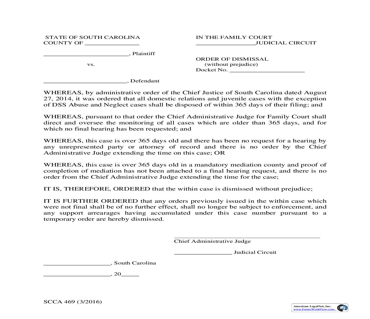 Order Of Dismissal (Without Prejudice) {SCCA-469} | Pdf Fpdf Doc Docx | South Carolina