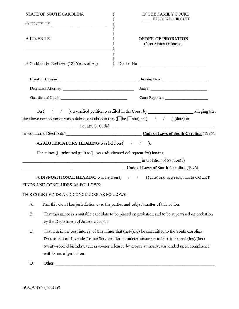Order Of Probation Non Status Offenses (Juvenile Delinquent) {SCCA-494} | Pdf Fpdf Doc Docx | South Carolina