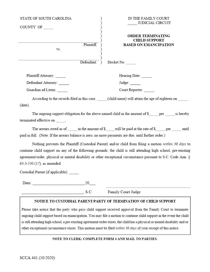 Order Terminating Child Support {SCCA-441} | Pdf Fpdf Doc Docx | South Carolina