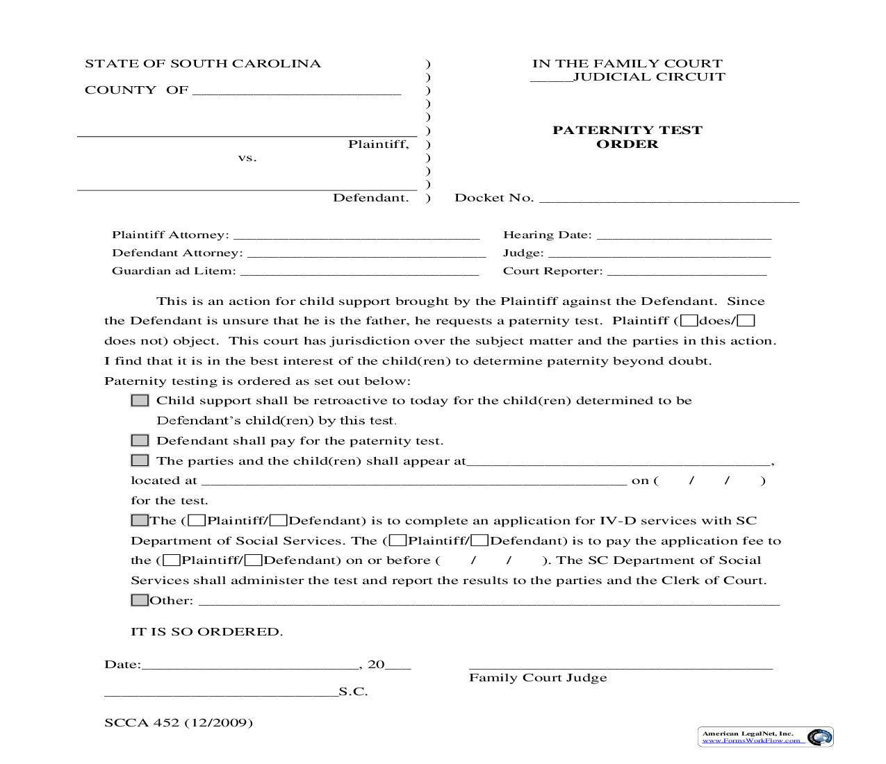 Paternity Test Order {SCCA-452} | Pdf Fpdf Doc Docx | South Carolina