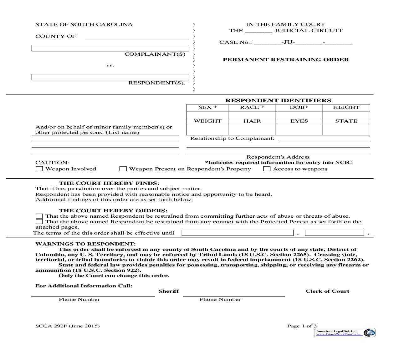 Permanent Restraining Order {SCCA-292F} | Pdf Fpdf Doc Docx | South Carolina