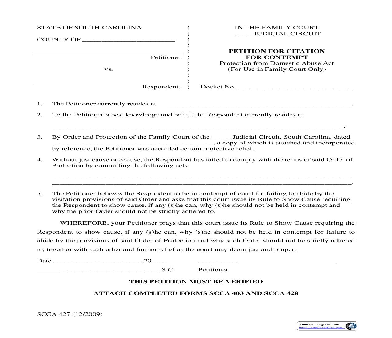 Petition For Citation For Contempt - Protection From Domestic Abuse Act {SCCA-427} | Pdf Fpdf Doc Docx | South Carolina