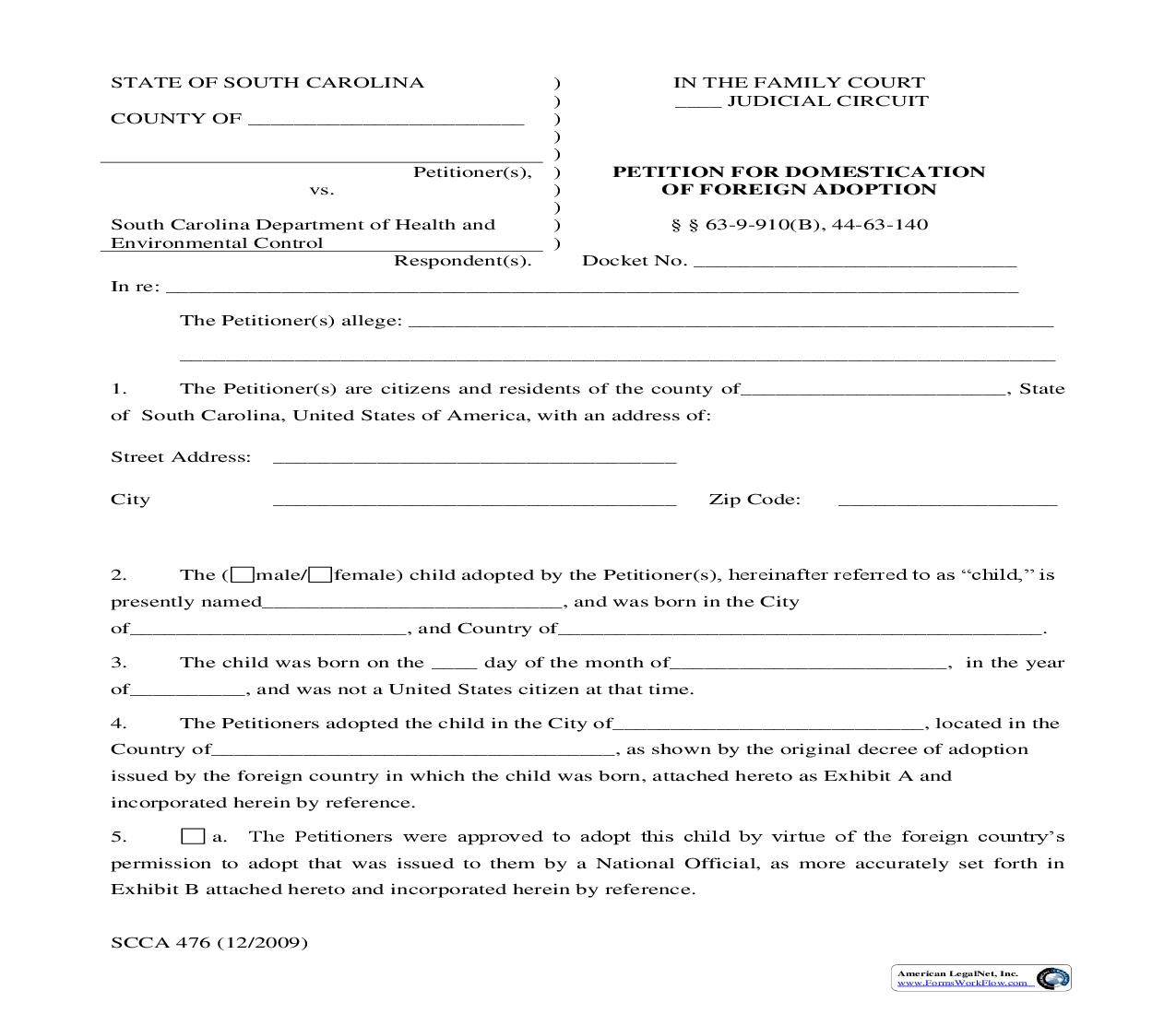 Petition For Domestication Of Foreign Adoption {SCCA-476} | Pdf Fpdf Doc Docx | South Carolina