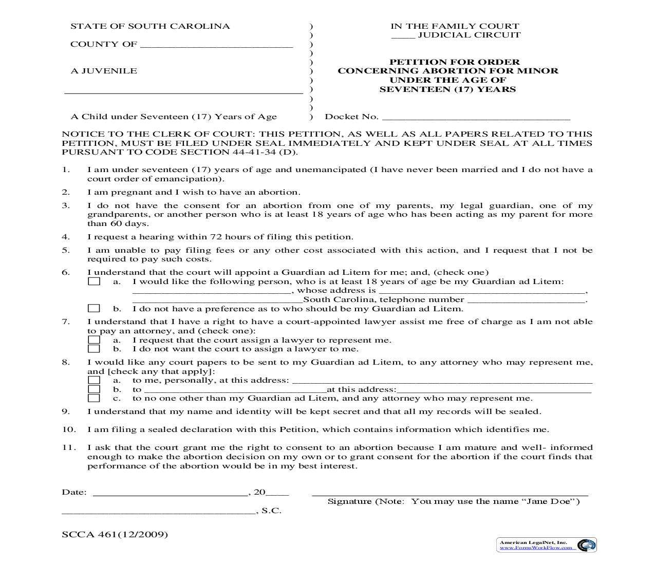 Petition For Order Concerning Abortion For Minor Under Age Of 17 Years {SCCA-461} | Pdf Fpdf Doc Docx | South Carolina