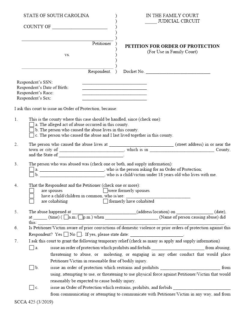 Petition For Order Of Protection {SCCA-425} | Pdf Fpdf Doc Docx | South Carolina