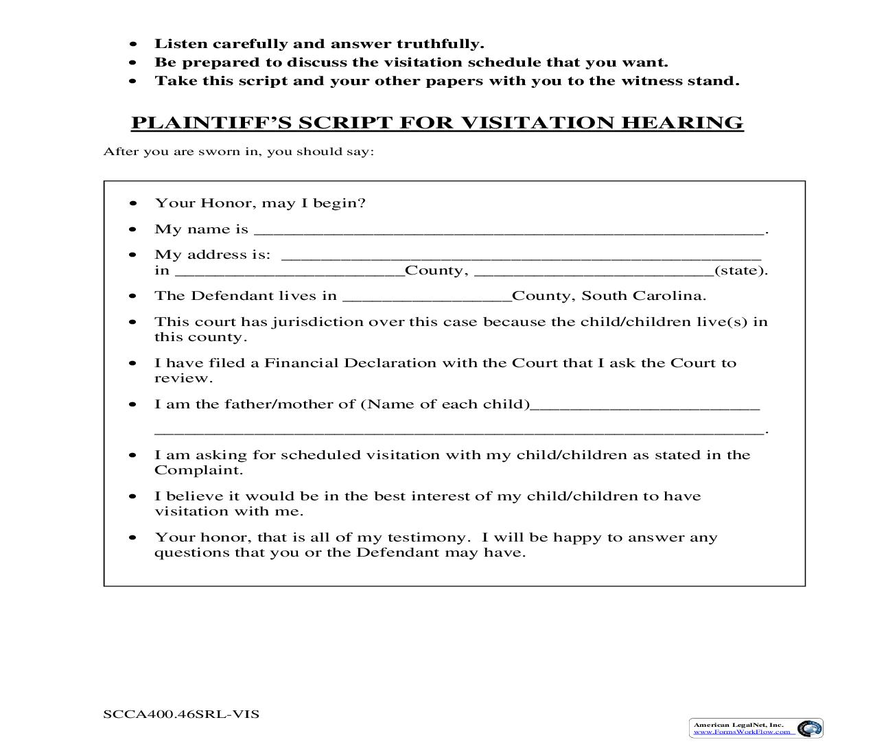 Plaintiff Hearing Script {SCCA400.46SRL-VIS} | Pdf Fpdf Doc Docx | South Carolina