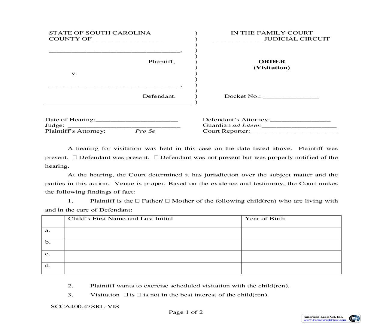 Proposed Order (Order Visitation) {SCCA400.47SRL-VIS} | Pdf Fpdf Doc Docx | South Carolina