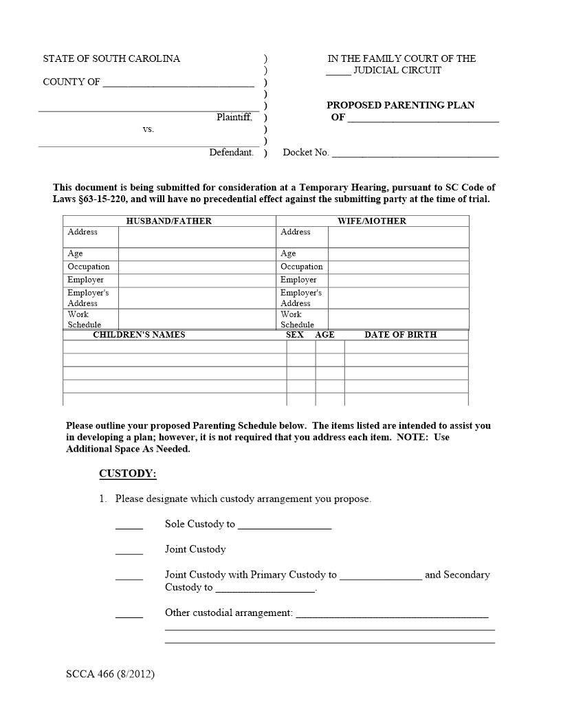 Proposed Parenting Plan {SCCA-466} | Pdf Fpdf Docx | South Carolina