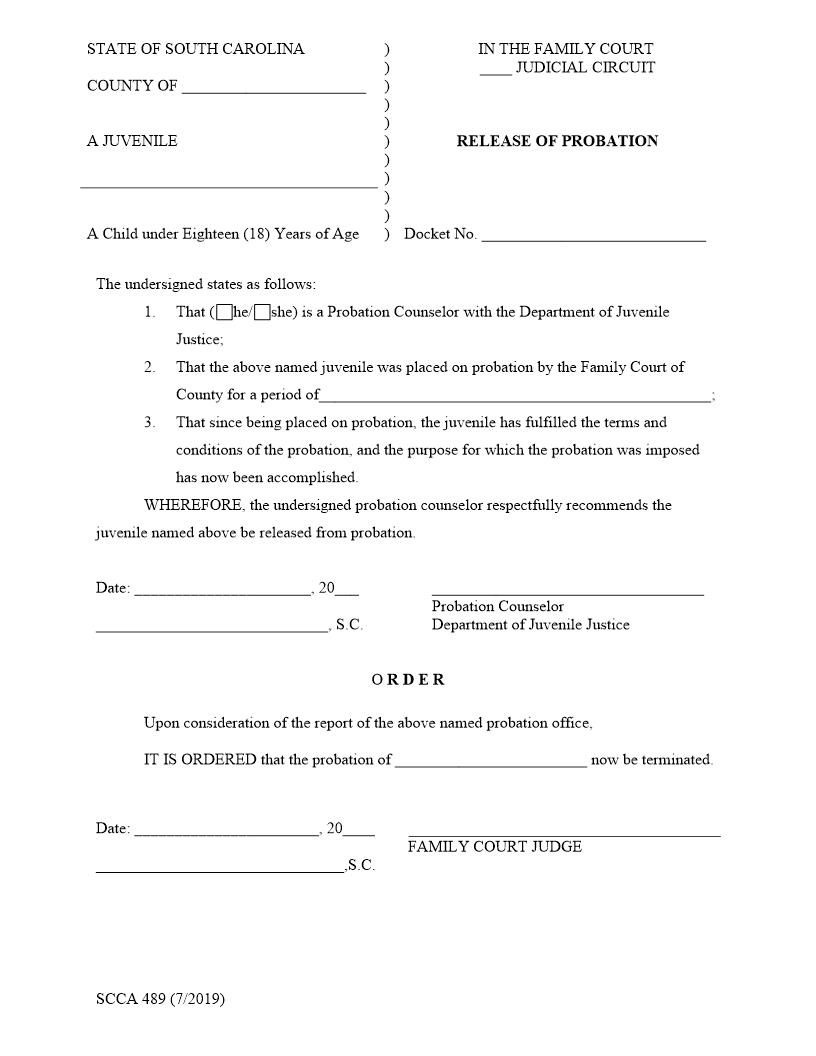 Release Of Probation (Juvenile Delinquent) {SCCA-489} | Pdf Fpdf Doc Docx | South Carolina