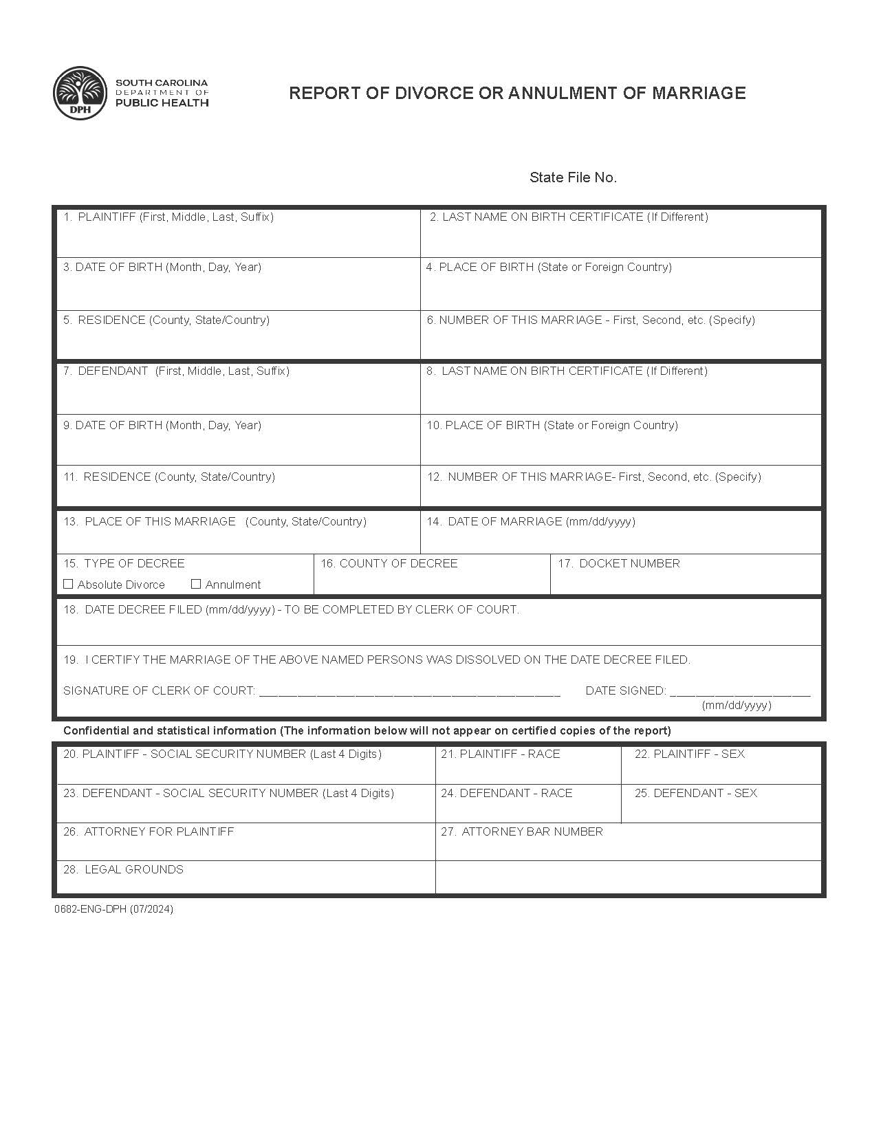 Report Of Divorce Or Annulment Of Marriage {DHEC-0682} | Pdf Fpdf Doc Docx | South Carolina