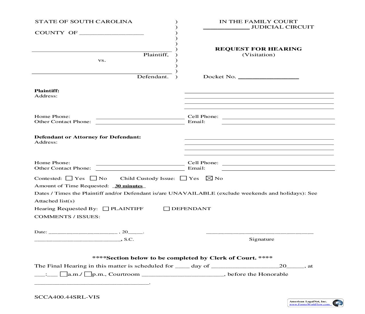 Request For Hearing (Visitation) {SCCA400.44SRL-VIS} | Pdf Fpdf Doc Docx | South Carolina