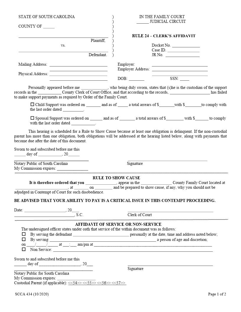 Rule 24-Clerks Affidavit And Rule To Show Cause {SCCA-434} | Pdf Fpdf Doc Docx | South Carolina