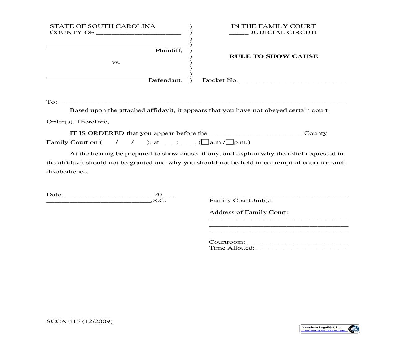 Rule To Show Cause (Failure To Obey Court Order) {SCCA-415} | Pdf Fpdf Doc Docx | South Carolina