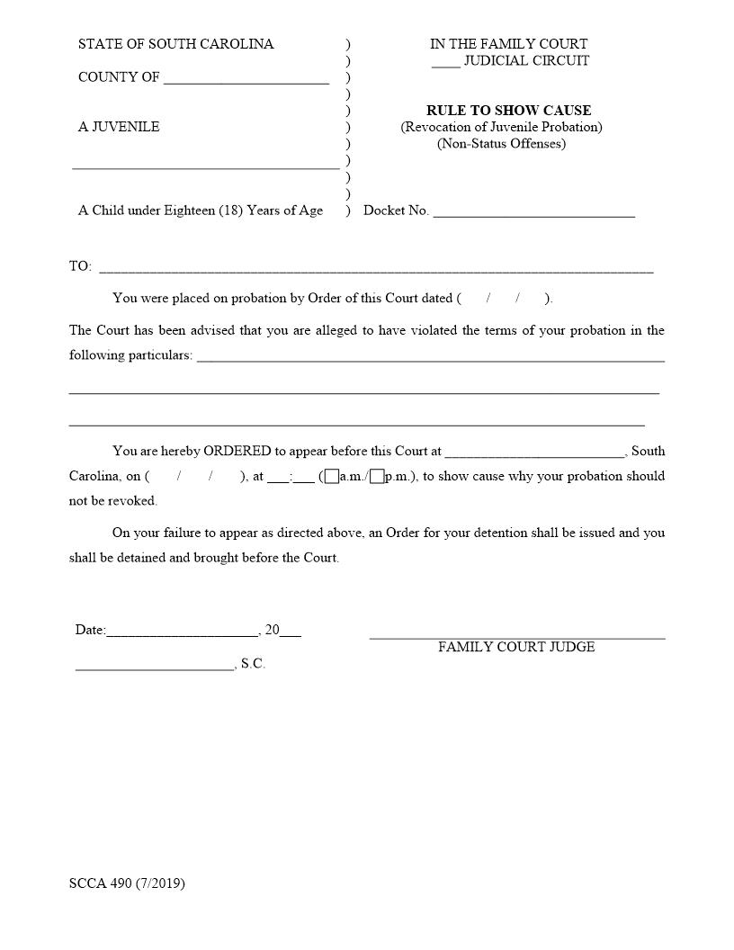 Rule To Show Cause (Revocation Of Juvenile Probation) Non Status Offenses {SCCA-490} | Pdf Fpdf Doc Docx | South Carolina