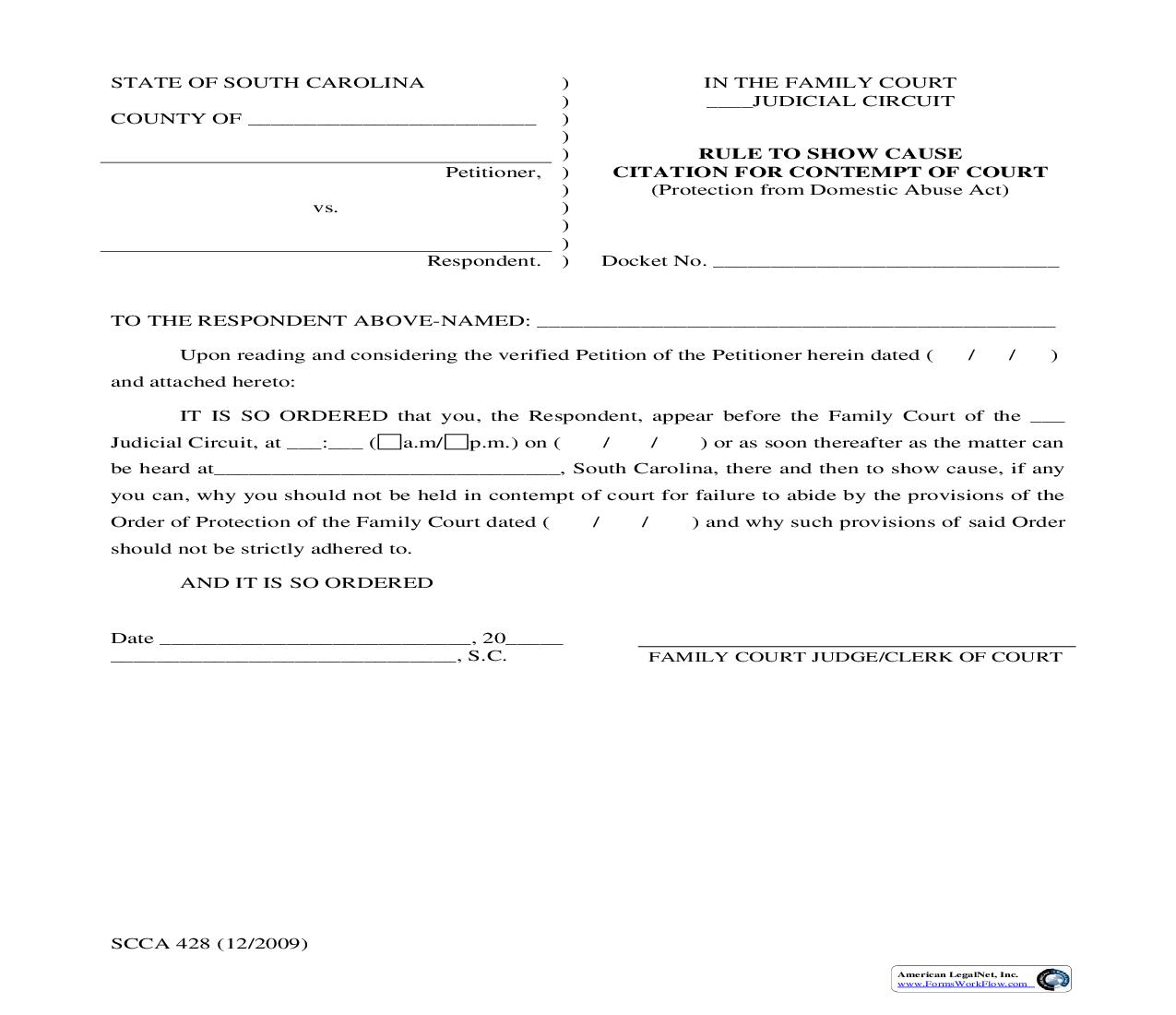 Rule To Show Cause - Citation For Contempt Of Court (Protection From Domestic Abuse) {SCCA-428} | Pdf Fpdf Doc Docx | South Carolina